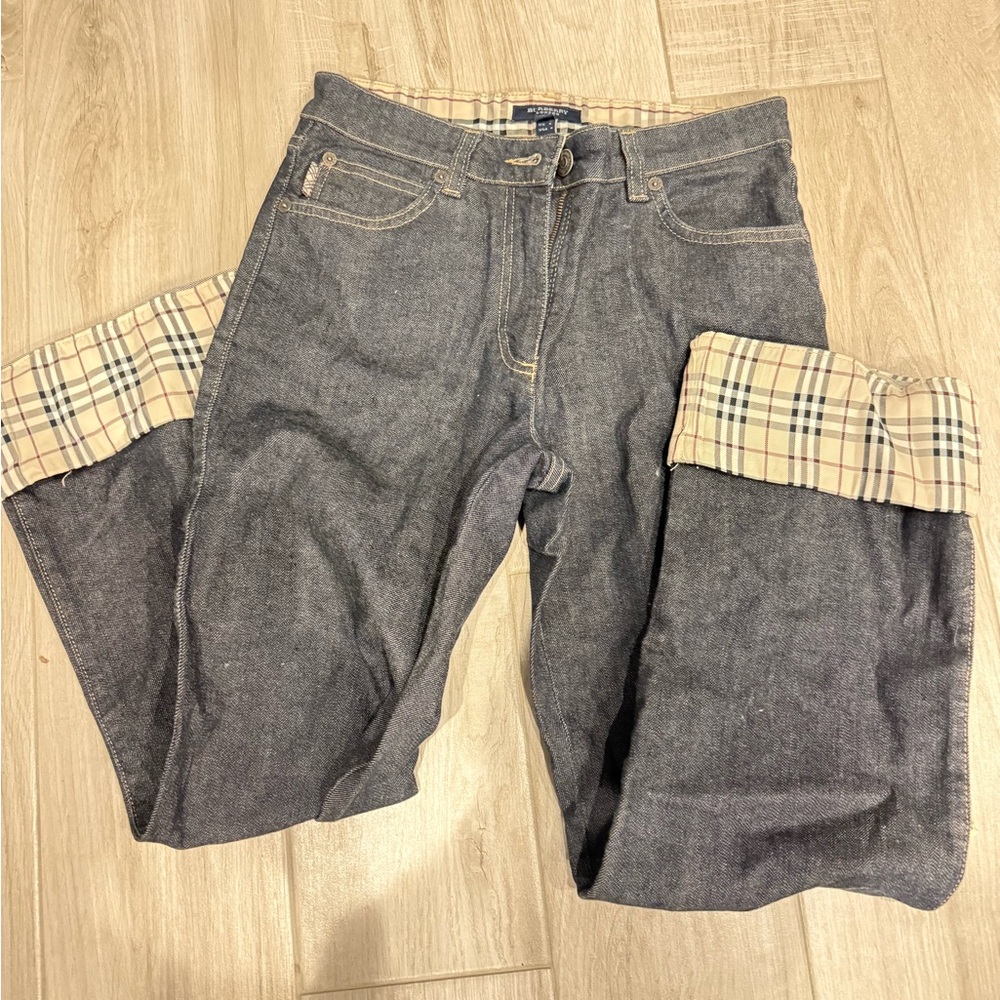 Burberry Blue Boyfriend Jeans with Plaid Cuffs